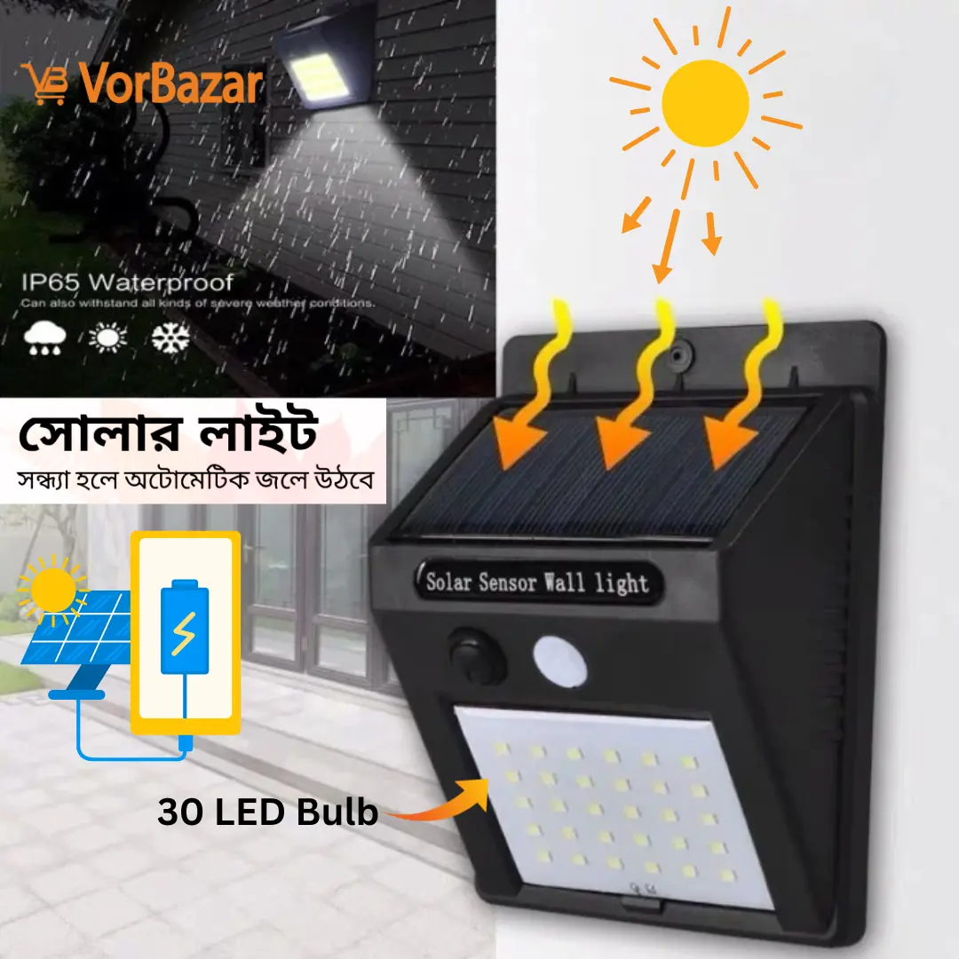 Solar Charging LED Sensor Light – 30 LED Waterproof BD